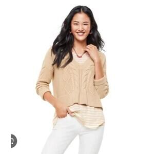 Cabi Women’s Beige Tan Cable Knit Sweater V-Neck Pullover Long Sleeve Size M